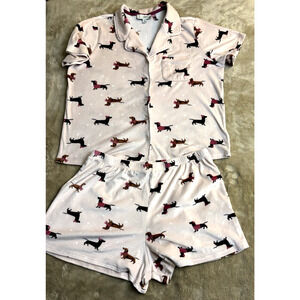 Como Sleep Pajama Short Set Pink Several Dog Lovers Women Size L/G Botton-Up